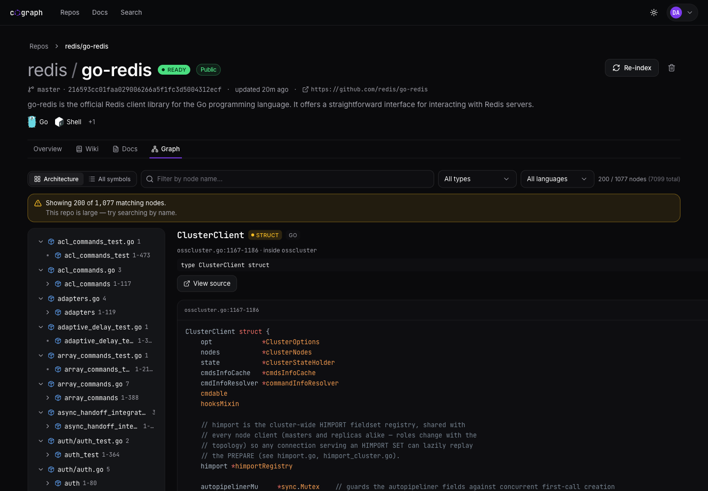 The ClusterClient struct in the graph browser, cited from the wiki